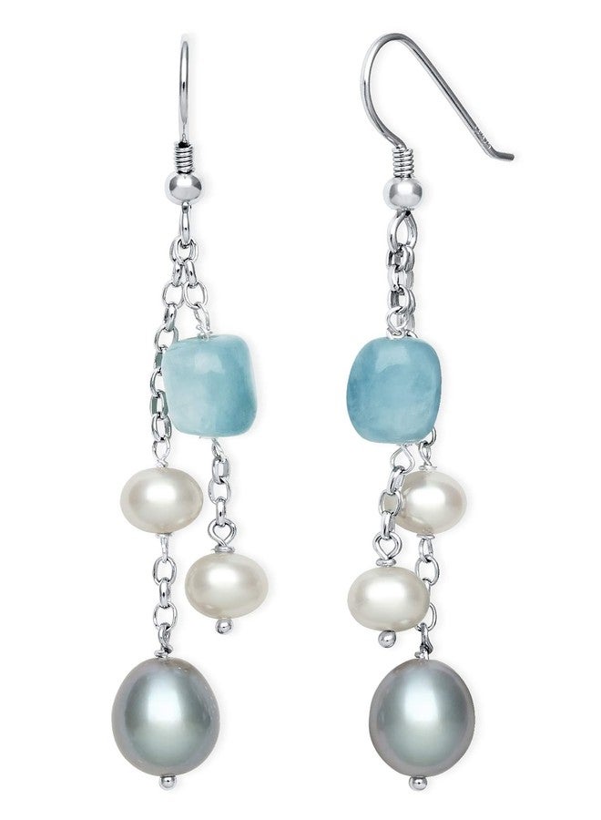 Belacqua Natural Aquamarine with Cultured Freshwater Pearl Layered Station Necklace in Sterling Silver, Tassel Earrings, Multi-Strand 18" Rolo Chain, Real Pearl Jewelry for Women, Gift Box Included - Image 3