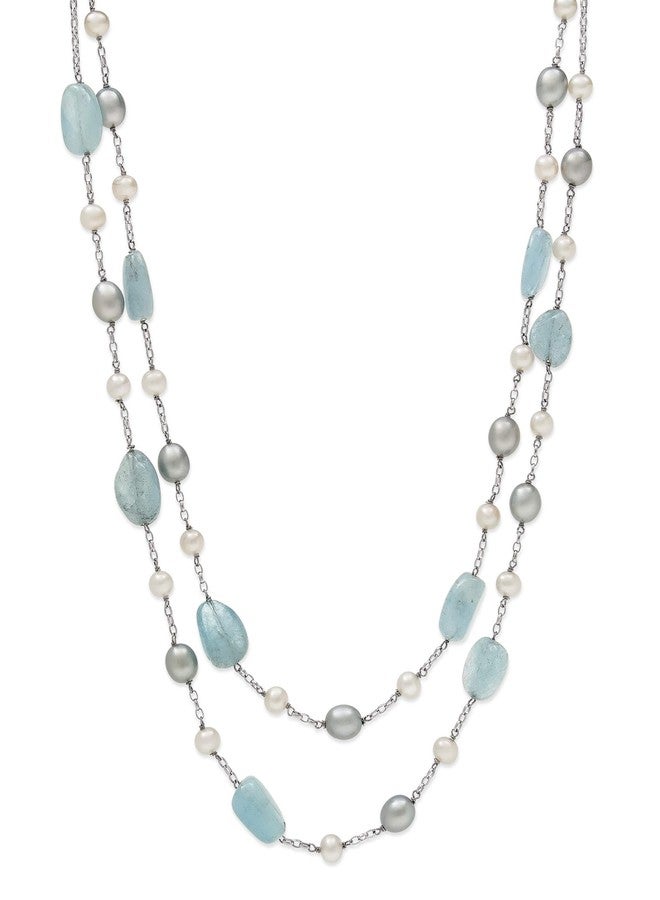 Belacqua Natural Aquamarine with Cultured Freshwater Pearl Layered Station Necklace in Sterling Silver, Tassel Earrings, Multi-Strand 18" Rolo Chain, Real Pearl Jewelry for Women, Gift Box Included - Image 2