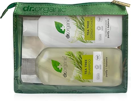 dr.organic مجموعة شامبو وبلسم شجرة الشاي من دكتور أورجانيك مع حقيبة سفر تنقية الجذور الدهنية طبيعية نباتية خالية من القسوة خالية من البارابين وخالية من SLS قابلة لإعادة التدوير مصنوعة من بلاستيك معاد تدويره من المحيط 265 مل - Image 2