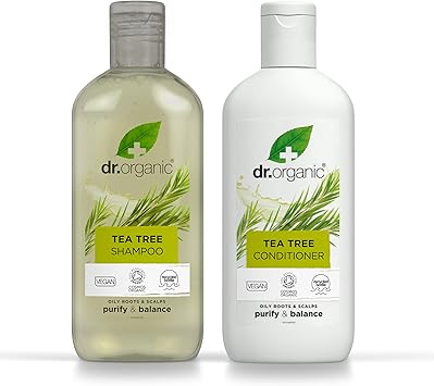 dr.organic مجموعة شامبو وبلسم شجرة الشاي من دكتور أورجانيك مع حقيبة سفر تنقية الجذور الدهنية طبيعية نباتية خالية من القسوة خالية من البارابين وخالية من SLS قابلة لإعادة التدوير مصنوعة من بلاستيك معاد تدويره من المحيط 265 مل - Image 1