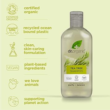 dr.organic مجموعة شامبو وبلسم شجرة الشاي من دكتور أورجانيك مع حقيبة سفر تنقية الجذور الدهنية طبيعية نباتية خالية من القسوة خالية من البارابين وخالية من SLS قابلة لإعادة التدوير مصنوعة من بلاستيك معاد تدويره من المحيط 265 مل - Image 5