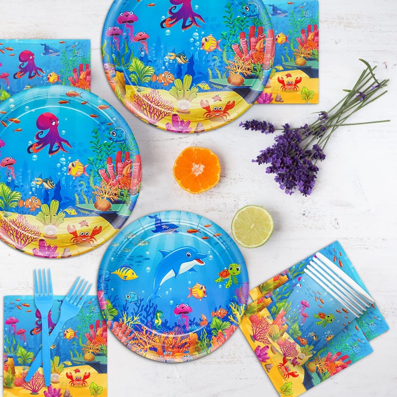 Oigco 120 Pcs Under the Sea Party Decorations Ocean Birthday Party Plates and Napkins Set Sea Animal Theme Tableware Set Underwater Creatures Table Decor Supplies Paper Plates Napkins Cups for 24 Guests - Image 5
