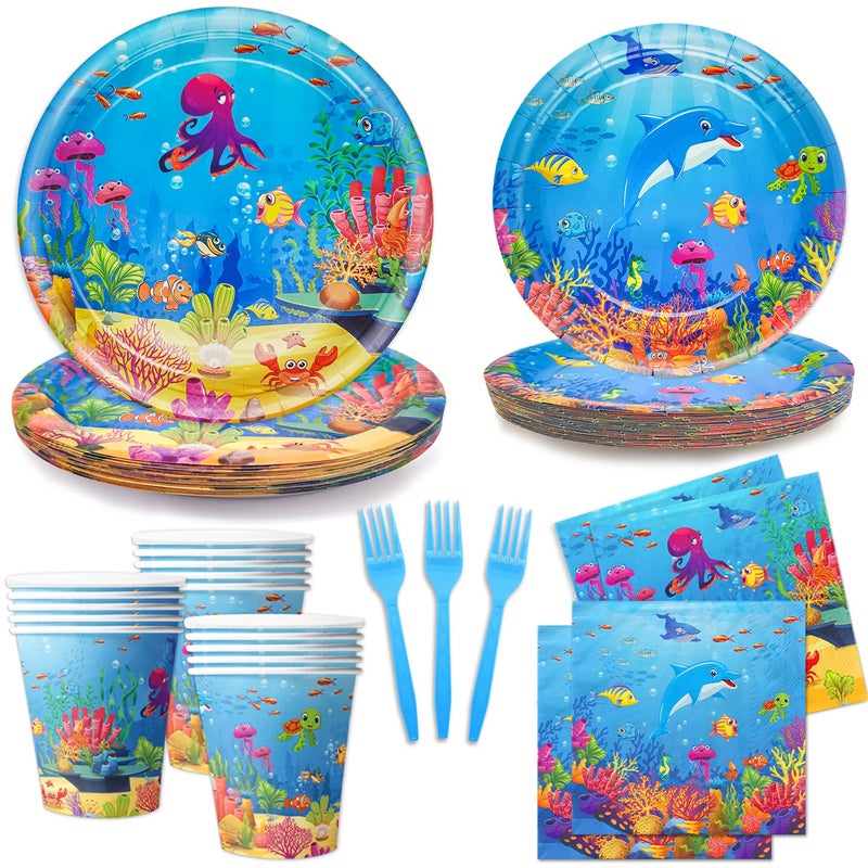 Oigco 120 Pcs Under the Sea Party Decorations Ocean Birthday Party Plates and Napkins Set Sea Animal Theme Tableware Set Underwater Creatures Table Decor Supplies Paper Plates Napkins Cups for 24 Guests - Image 1