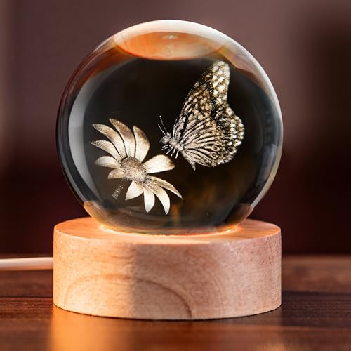 IFOLAINA Butterfly Crystal Ball Gifts Ideas for Girlfriend Wife Mom Couple Her Bithday Mothers Day 3D Butterfly on Sunflower Night Light Decorative Globes Room Decor - Image 1