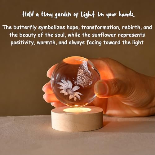 IFOLAINA Butterfly Crystal Ball Gifts Ideas for Girlfriend Wife Mom Couple Her Bithday Mothers Day 3D Butterfly on Sunflower Night Light Decorative Globes Room Decor - Image 4