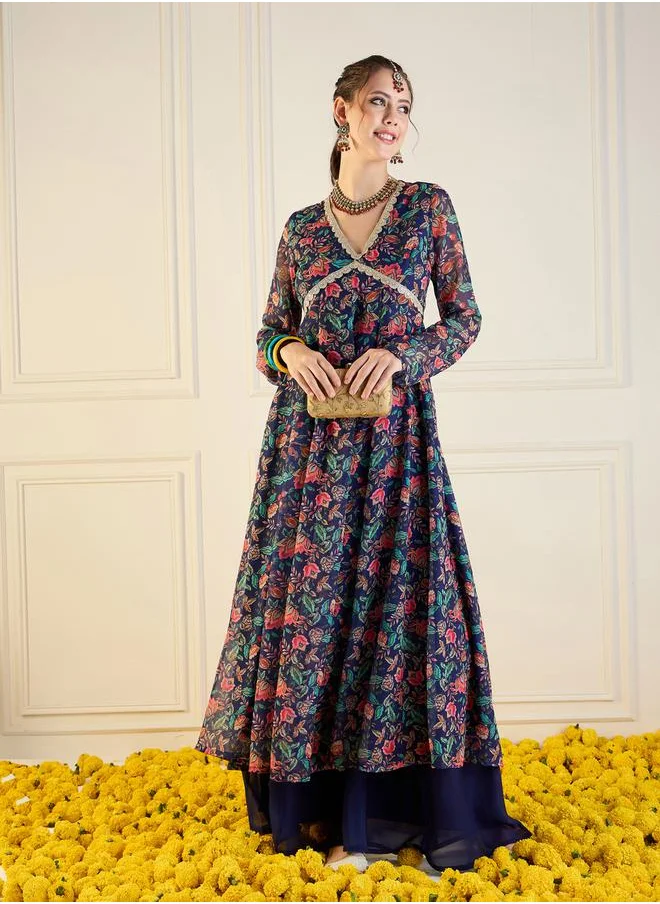 SASSAFRAS Floral Print Cut-Out Back Detail Anarkali Kurta