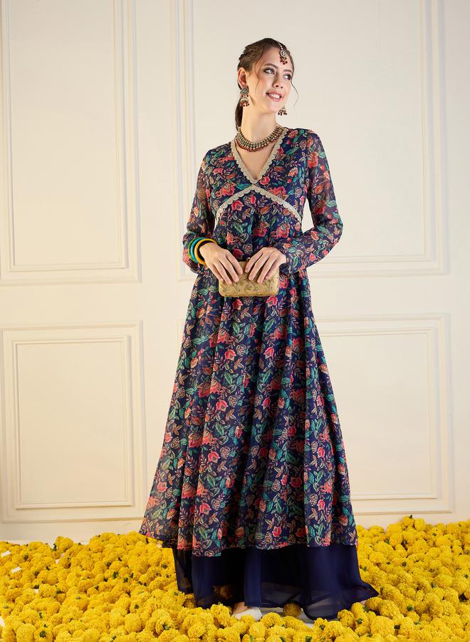 SASSAFRAS Floral Print Cut-Out Back Detail Anarkali Kurta by Styli - Image 1