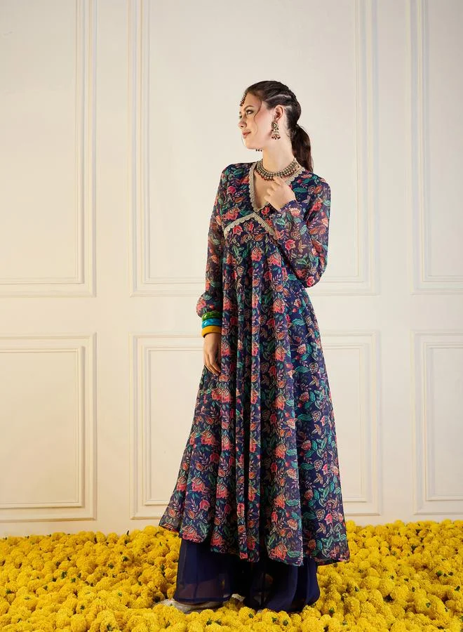 SASSAFRAS Floral Print Cut-Out Back Detail Anarkali Kurta by Styli