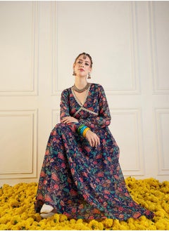 SASSAFRAS Floral Print Cut-Out Back Detail Anarkali Kurta by Styli  - Image 2