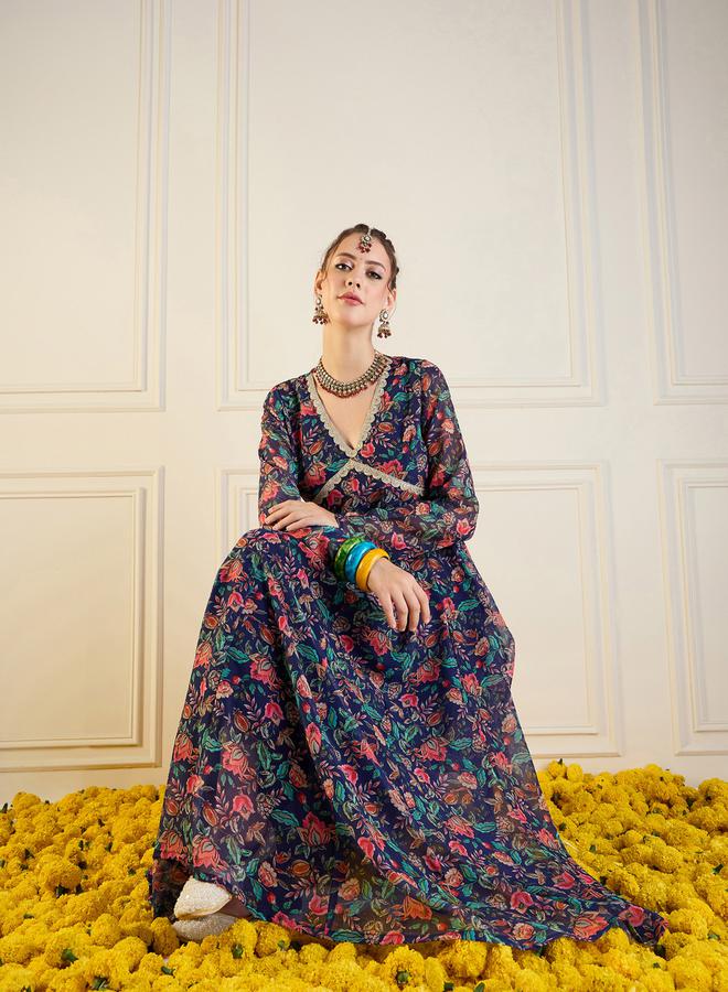 SASSAFRAS Floral Print Cut-Out Back Detail Anarkali Kurta by Styli - Image 2