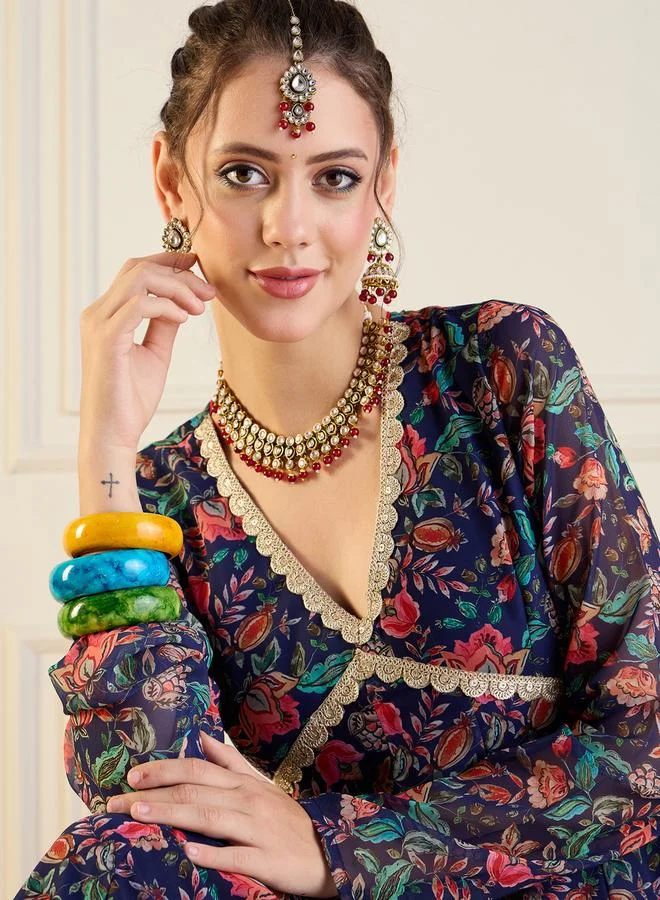 SASSAFRAS Floral Print Cut-Out Back Detail Anarkali Kurta by Styli