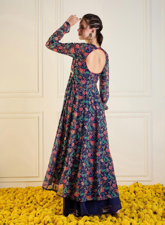 SASSAFRAS Floral Print Cut-Out Back Detail Anarkali Kurta by Styli - Image 5