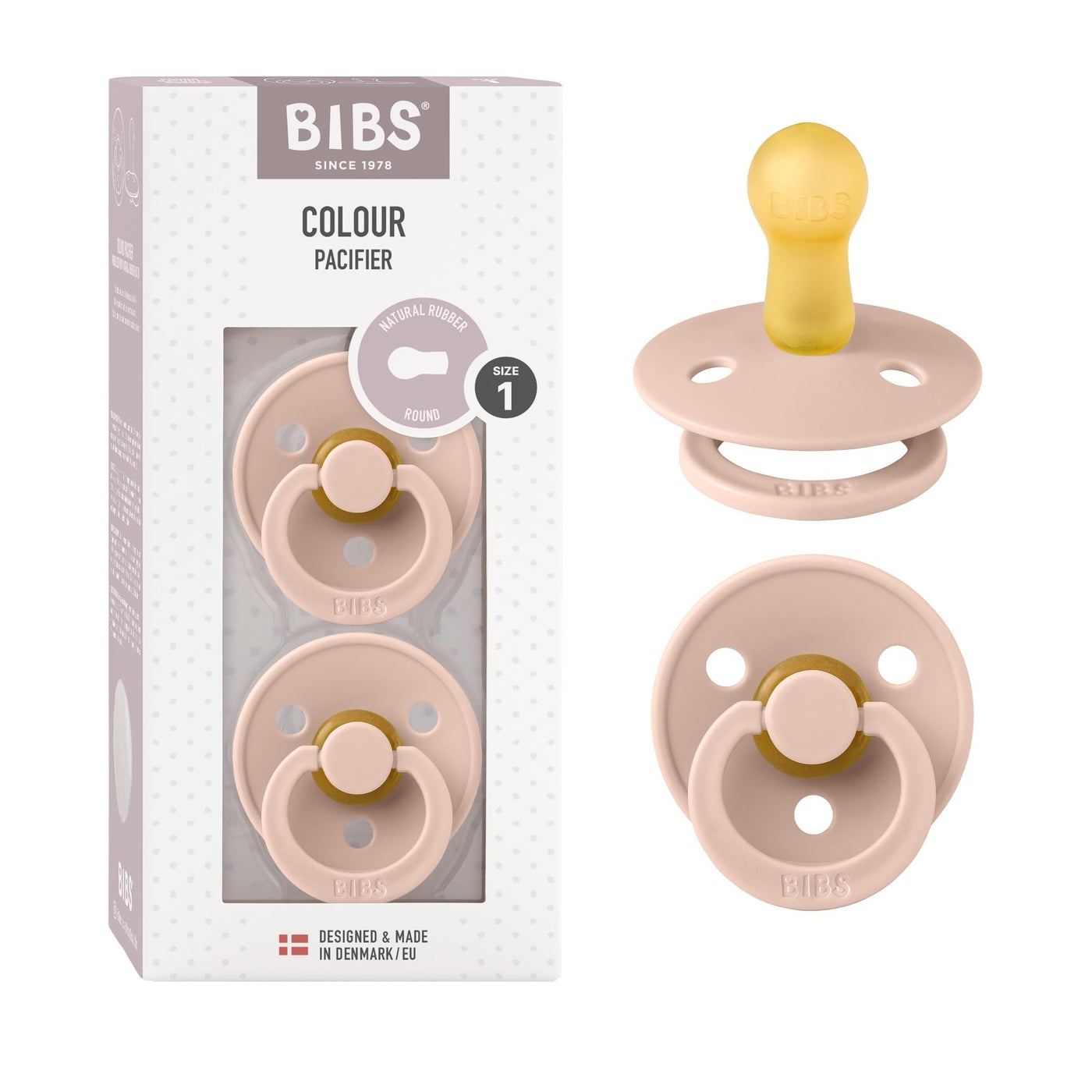 Baker Ross BIBS Colour Soother 2-Pack, BPA Free Dummy Pacifier, Round Nipple. Natural Rubber Latex, Size 1 (0-6 Months), Blush/Blush