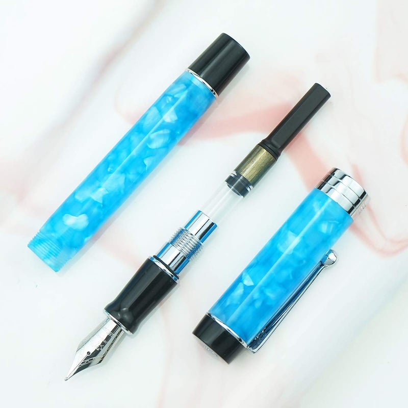 Lanxivi Jinhao 100 Classic Fountain Pen Sky Blue Celluloid, Medium Nib with Converter and Pen Case Set - Image 4