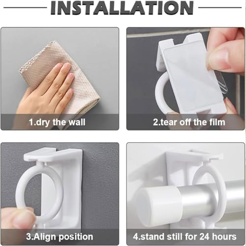 Massmot 360° Rotating Ring Curtain Rod Brackets - No Drilling, 8Pcs Self Adhesive Curtain Holders, Adjustable Hooks for Kitchen, Home, Bathroom & Hotel (White) - Image 4