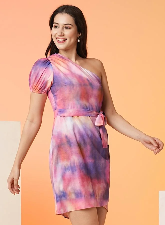 جلو باص Globus Women Tie and Dye Print One-Shoulder Sheath Mini Dress