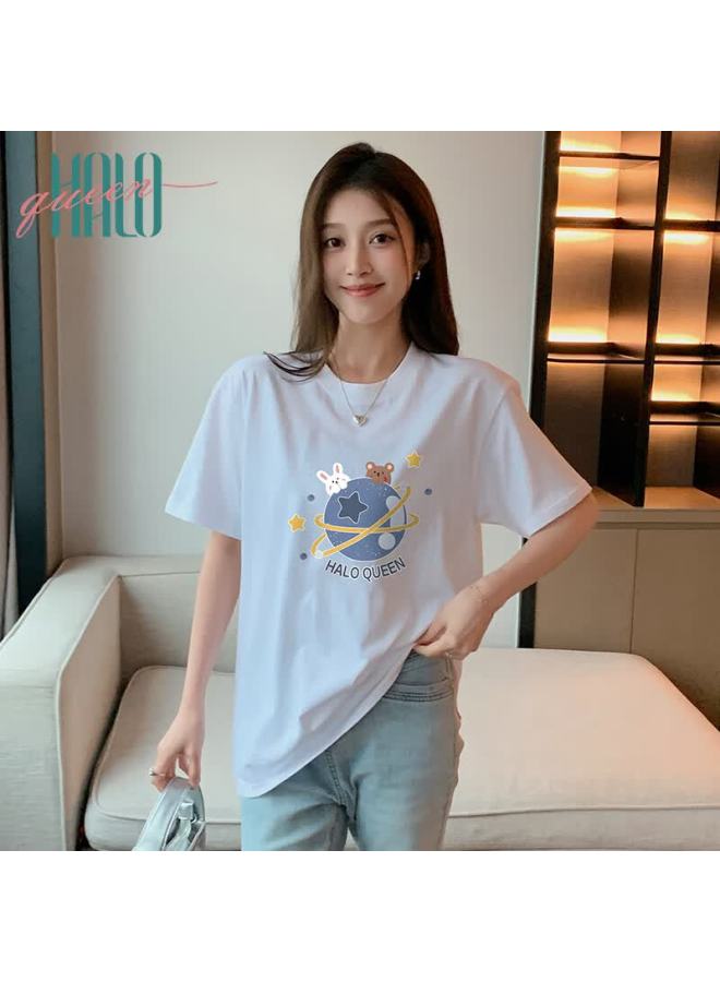 HALOQUEEN Halo Queen Women's Short Sleeve T-shirt Fashion Printed Design Loose Fit Base Layer H141t1176 - Image 3