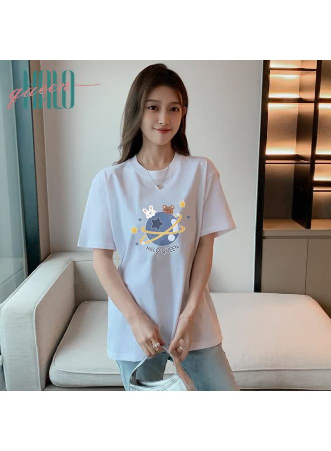 HALOQUEEN Halo Queen Women's Short Sleeve T-shirt Fashion Printed Design Loose Fit Base Layer H141t1176 - Image 1