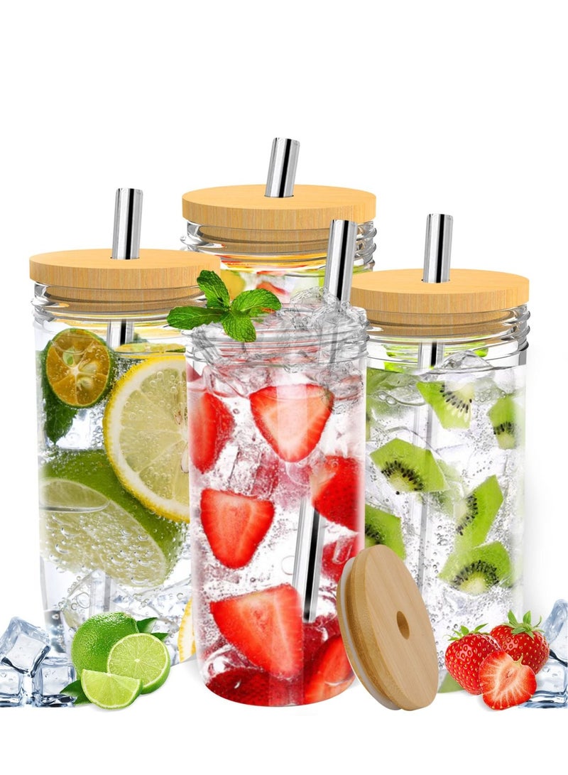 MIXDE كوب زجاجي مكون من 4 قطع مع غطاء من الخيزران وقش وأكواب ماسون واسعة الفم وزجاجات مياه زجاجية من بوبا مثالية للقهوة والشاي المثلجة 750 مل - Image 1