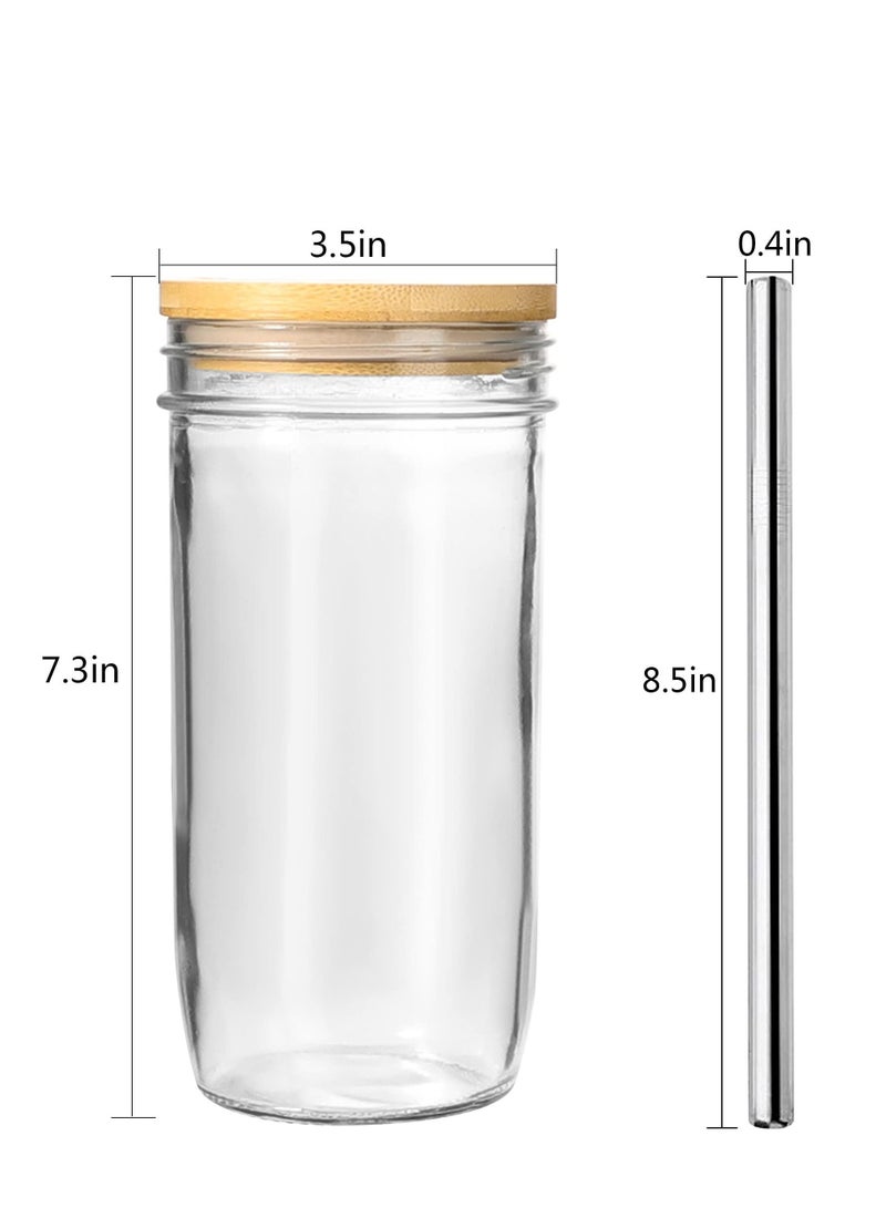 MIXDE كوب زجاجي مكون من 4 قطع مع غطاء من الخيزران وقش وأكواب ماسون واسعة الفم وزجاجات مياه زجاجية من بوبا مثالية للقهوة والشاي المثلجة 750 مل - Image 2