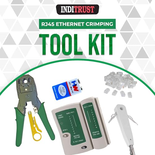 Inditrust Rj45 Rj11 Crimping Tool, double colour grip 150B cutter, KD-1 Professional Punch Down Tool, Network Lan Cable Tester, 9V battery & 25 Pcs RJ45 Connectors Combo Set - Image 2