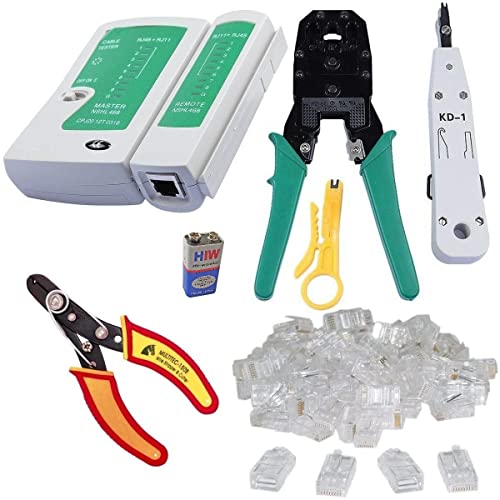 Inditrust Rj45 Rj11 Crimping Tool, double colour grip 150B cutter, KD-1 Professional Punch Down Tool, Network Lan Cable Tester, 9V battery & 25 Pcs RJ45 Connectors Combo Set - Image 1