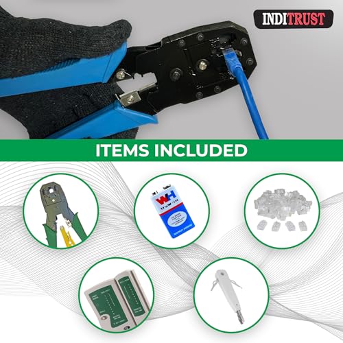 Inditrust Rj45 Rj11 Crimping Tool, double colour grip 150B cutter, KD-1 Professional Punch Down Tool, Network Lan Cable Tester, 9V battery & 25 Pcs RJ45 Connectors Combo Set - Image 3