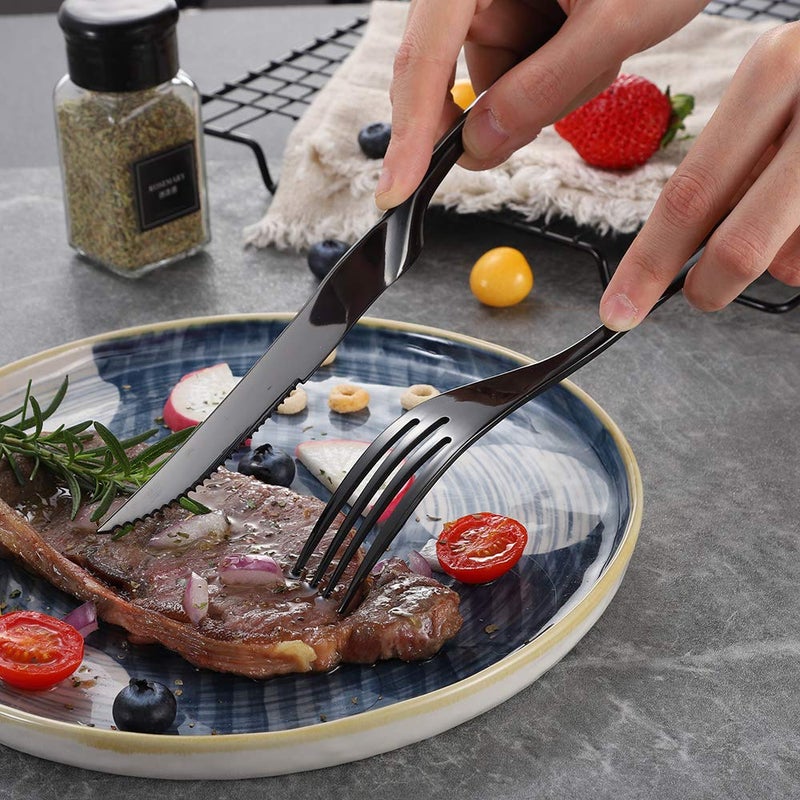 Lemeya Lemeya Stainless Steel Black Steak Knives Set of 6,Forge Steak Knife,Serrated Steak Knives Set,6 Piece Heavy Steak Knives-10 inch,Mirror Polished,Dishwasher Safe  - Image 4