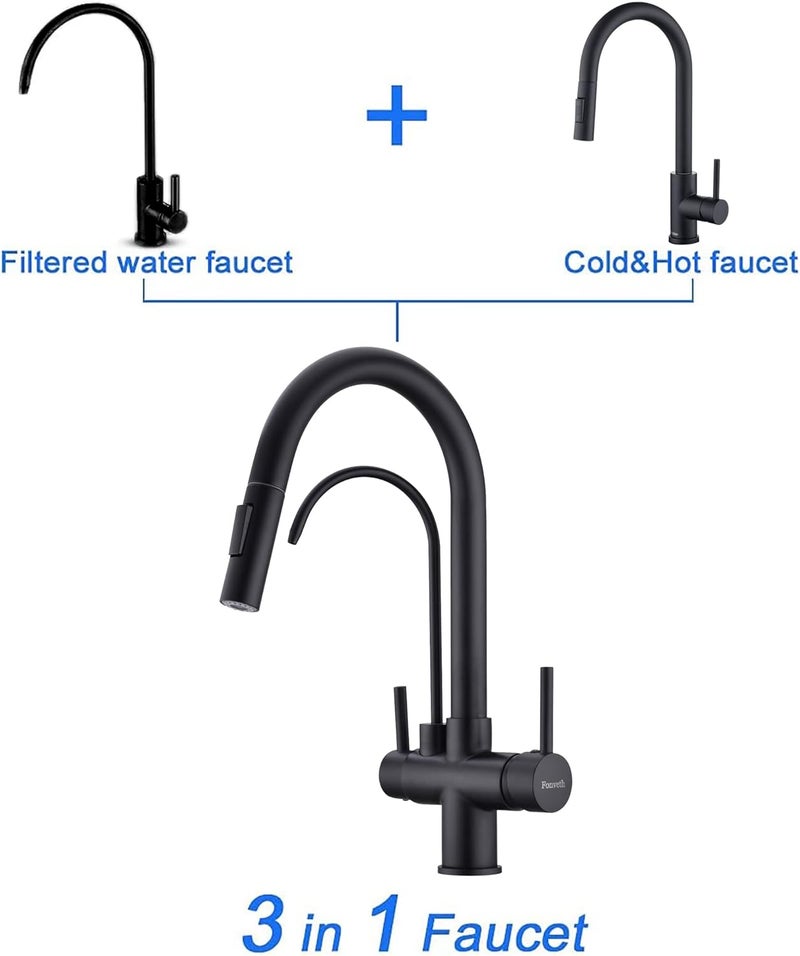 TUTEW Matte Black Kitchen Faucet with Pull Down Sprayer, Black Kitchen Sink Faucet with Drinking Water Faucet,2 Handle 3 in 1 Water Filter Purifier Faucets - Image 5