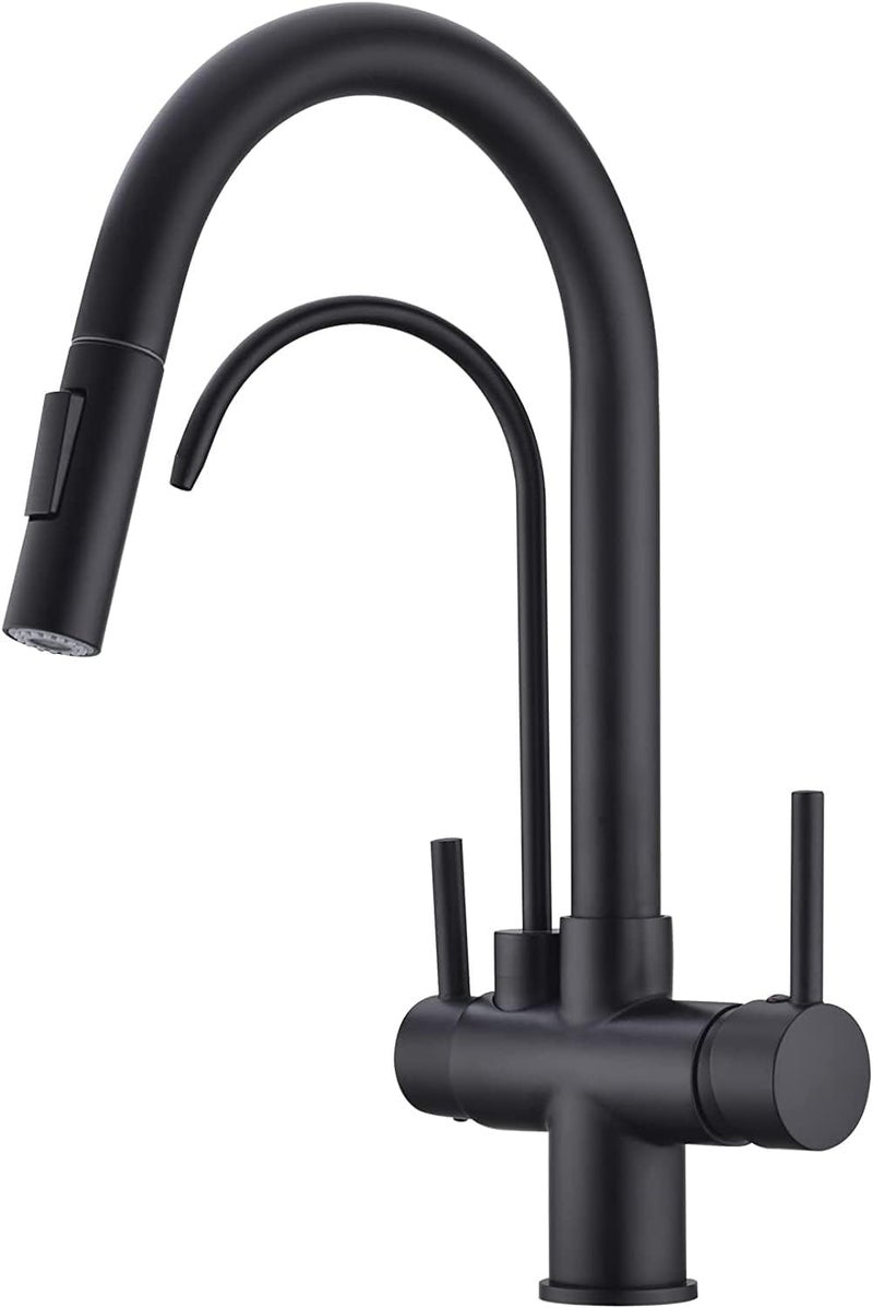 TUTEW Matte Black Kitchen Faucet with Pull Down Sprayer, Black Kitchen Sink Faucet with Drinking Water Faucet,2 Handle 3 in 1 Water Filter Purifier Faucets - Image 1