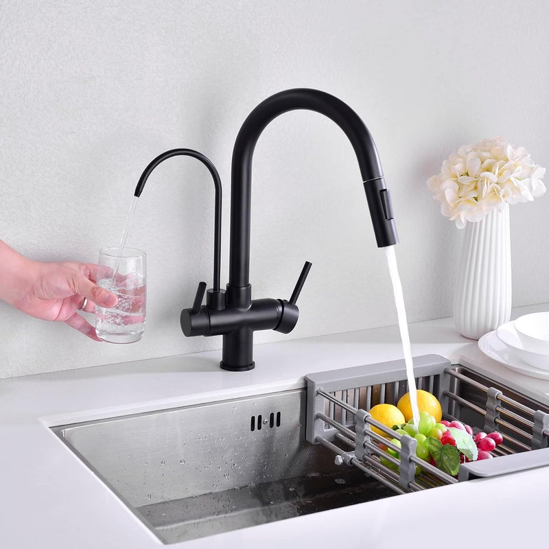 TUTEW Matte Black Kitchen Faucet with Pull Down Sprayer, Black Kitchen Sink Faucet with Drinking Water Faucet,2 Handle 3 in 1 Water Filter Purifier Faucets - Image 2