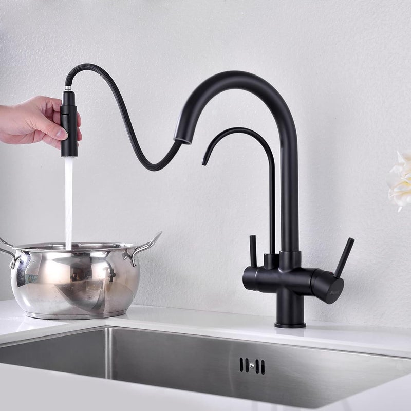 TUTEW Matte Black Kitchen Faucet with Pull Down Sprayer, Black Kitchen Sink Faucet with Drinking Water Faucet,2 Handle 3 in 1 Water Filter Purifier Faucets - Image 3