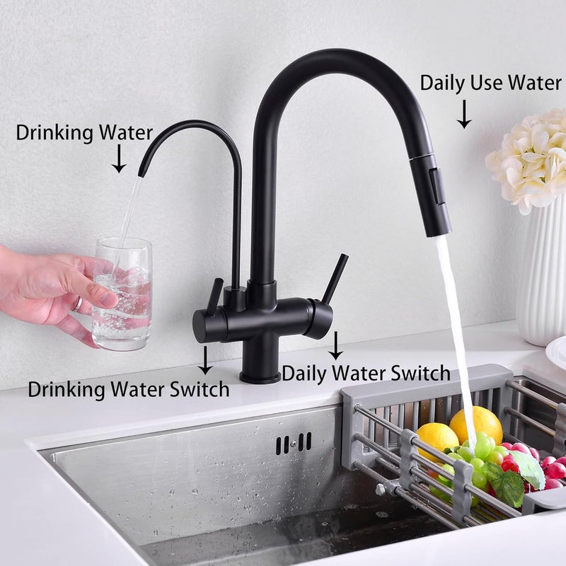 TUTEW Matte Black Kitchen Faucet with Pull Down Sprayer, Black Kitchen Sink Faucet with Drinking Water Faucet,2 Handle 3 in 1 Water Filter Purifier Faucets - Image 4