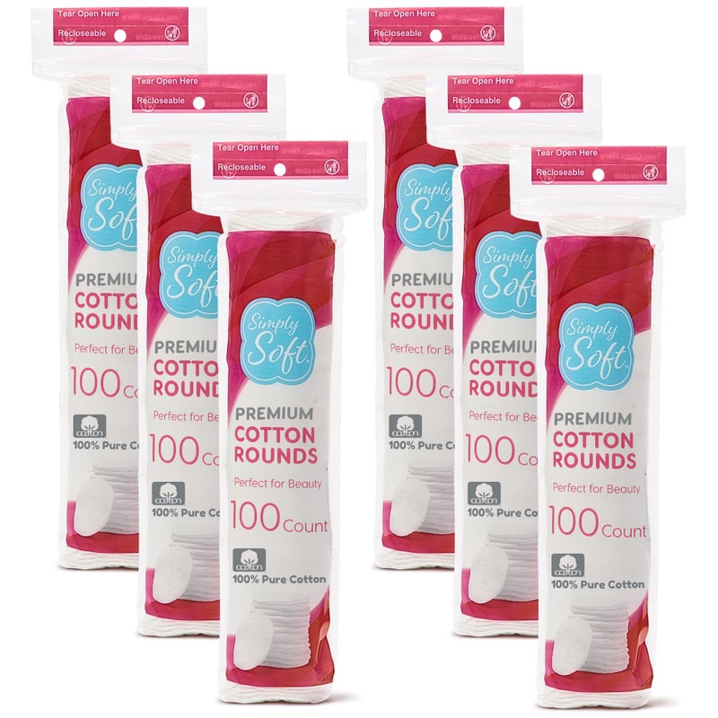 Medline Simply Soft Premium Cotton Rounds, 100% Pure Cotton, Absorbent Cotton Pads, 100 Count (Pack of 6) - Image 1