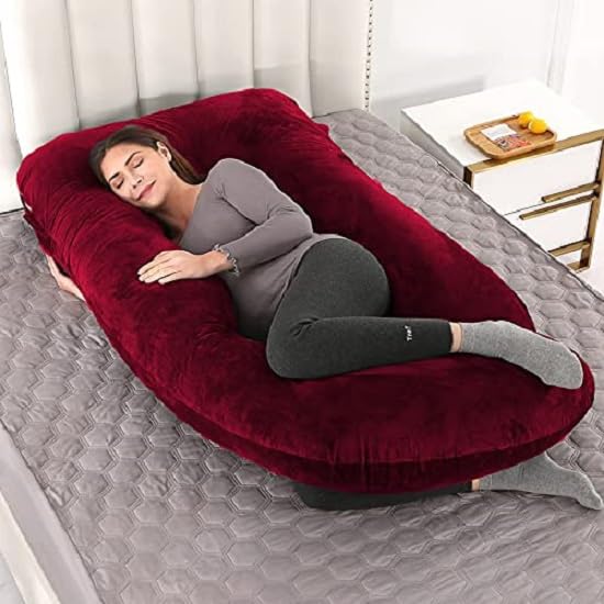 ozly Ultra Soft j Shaped Pillow Polyester Fibre Microfibre Solid Pregnancy Pillow Pack of 1 Wine - Image 1