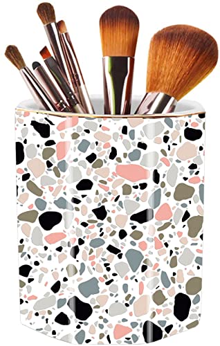 LEAZUL Pen Holder, Makeup Brush Holder Ceramic Shiny Gold Terrazzo Marble Stone Pattern Pencil Cup for Girls Kids Women Durable Stand Desk Organizer Storage Gift for Office, Classroom, Home Pink - Image 1
