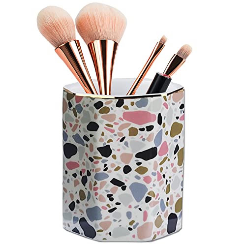 LEAZUL Pen Holder, Makeup Brush Holder Ceramic Shiny Gold Terrazzo Marble Stone Pattern Pencil Cup for Girls Kids Women Durable Stand Desk Organizer Storage Gift for Office, Classroom, Home Pink - Image 3