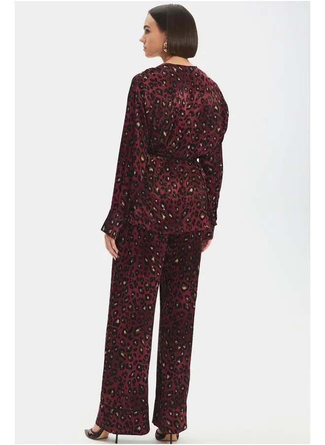 JUNE June Women Leopard Patterned Flowy Blouse Trouser Set Burgundy