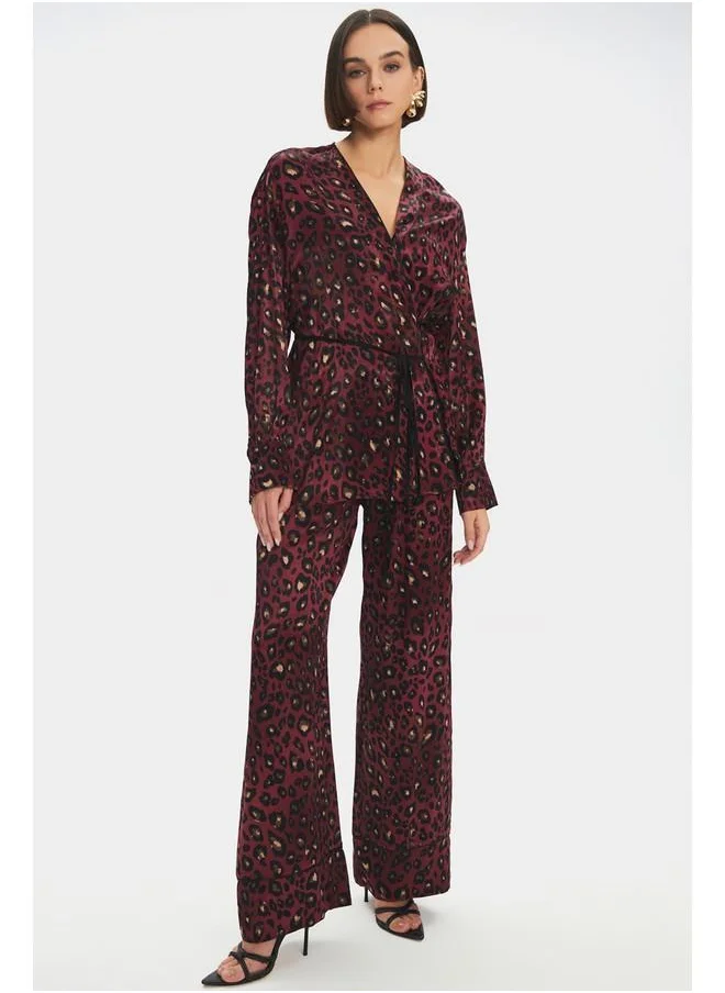 JUNE June Women Leopard Patterned Flowy Blouse Trouser Set Burgundy