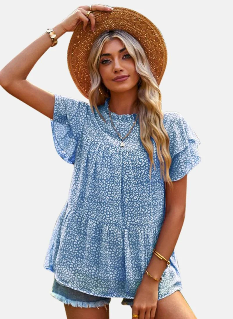 يونيكي Blue High Neck Printed Top