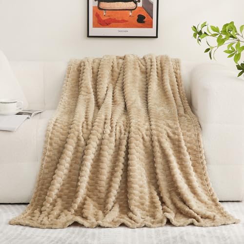 Puncuntex Beige Throw Blanket 50"×60" inches Fuzzy 3D Jacquard Decorative Flannel Fleece Super Soft Plush Cozy Blanket for Couch Sofa Chair Lightweight,Khaki - Image 2