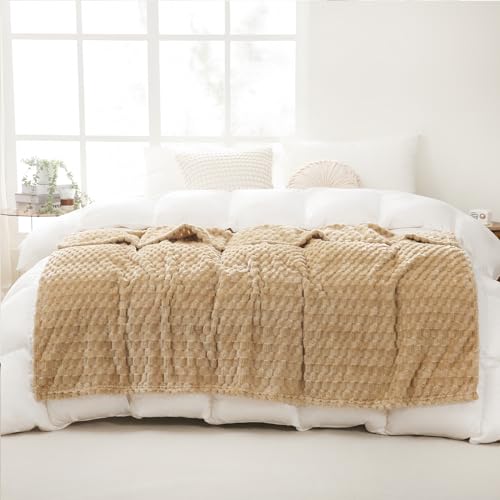 Puncuntex Beige Throw Blanket 50"×60" inches Fuzzy 3D Jacquard Decorative Flannel Fleece Super Soft Plush Cozy Blanket for Couch Sofa Chair Lightweight,Khaki - Image 3