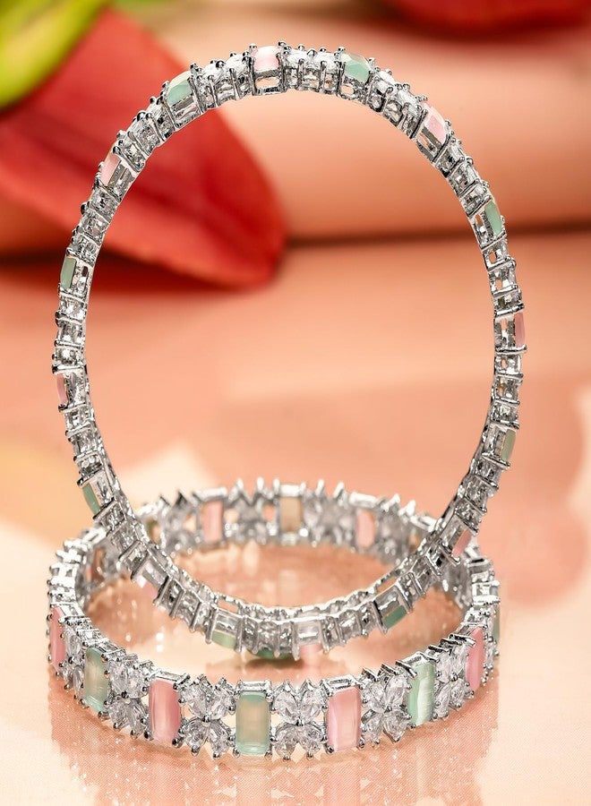 Rubans Set of 2 Rhodium-Plated Pastel Green & Pink Cubic Zirconia Studded Bangles for Women & Girls | Elegant Wedding & Festive Jewelry - Image 5