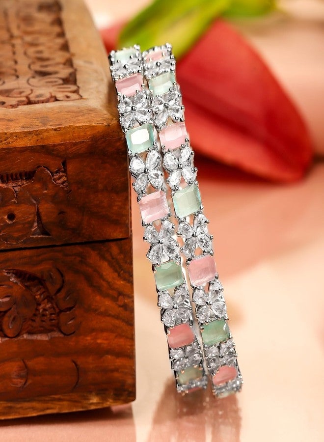 Rubans Set of 2 Rhodium-Plated Pastel Green & Pink Cubic Zirconia Studded Bangles for Women & Girls | Elegant Wedding & Festive Jewelry - Image 3