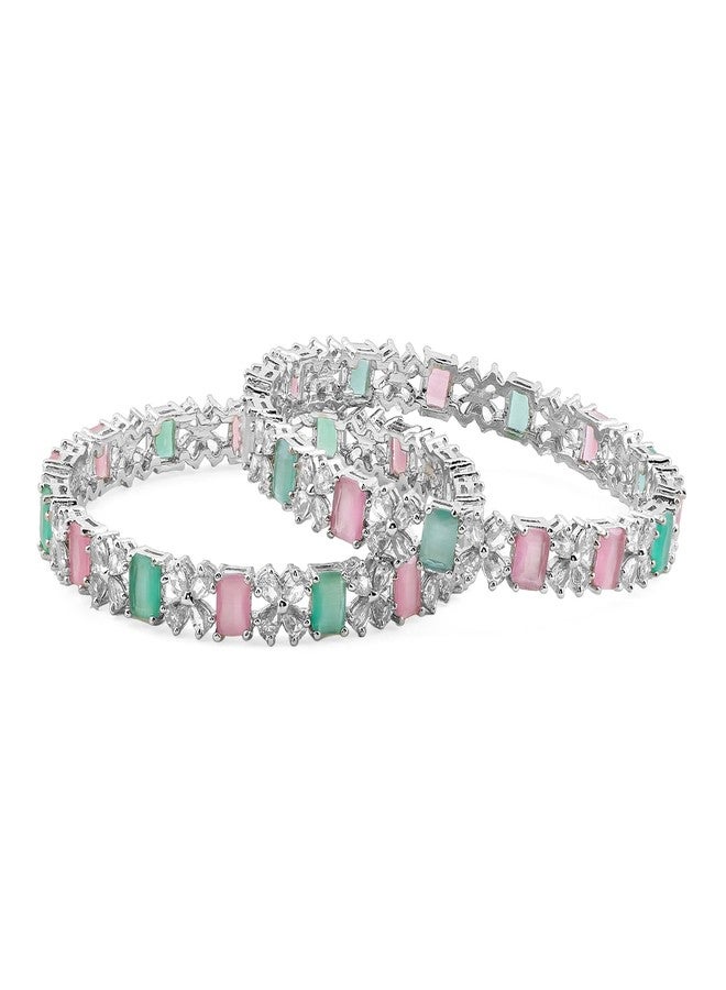 Rubans Set of 2 Rhodium-Plated Pastel Green & Pink Cubic Zirconia Studded Bangles for Women & Girls | Elegant Wedding & Festive Jewelry - Image 1