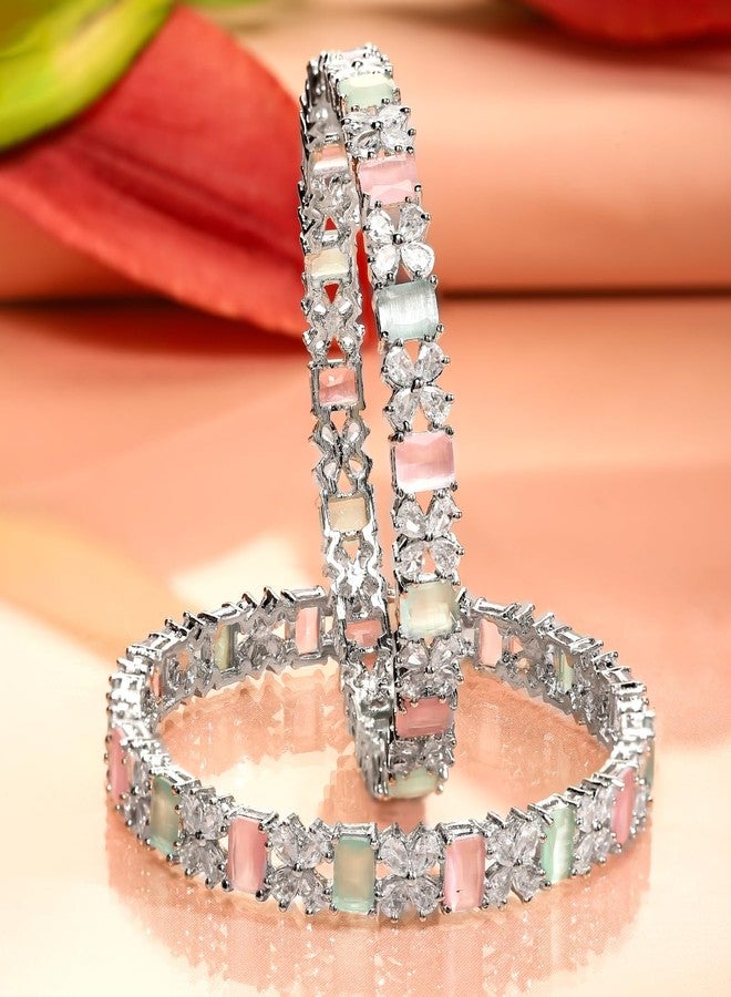 Rubans Set of 2 Rhodium-Plated Pastel Green & Pink Cubic Zirconia Studded Bangles for Women & Girls | Elegant Wedding & Festive Jewelry - Image 4