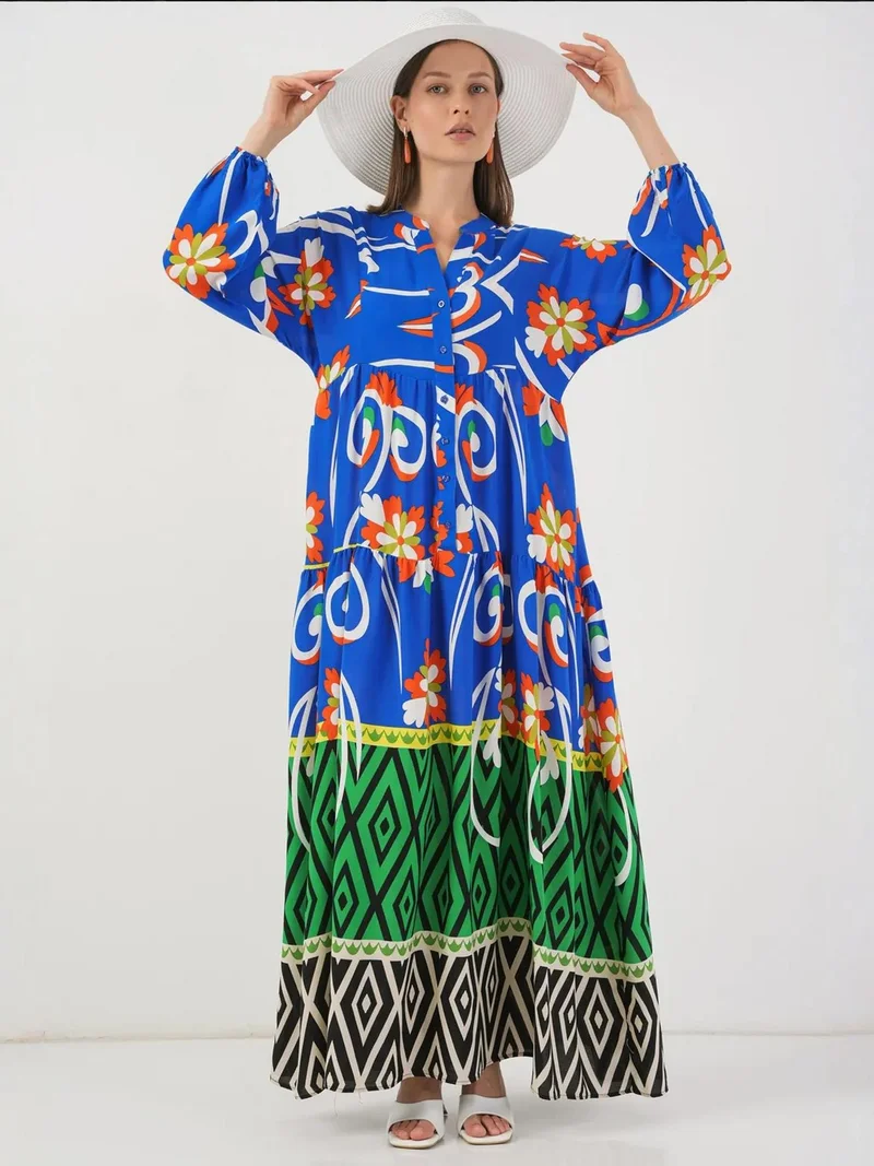 بيغ دارت فستان ماكسي مطبوع بياقة على شكل حرف  وأزرار