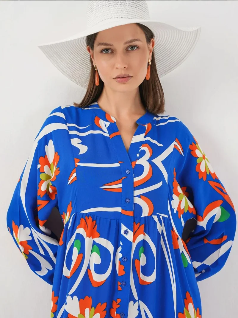 بيغ دارت فستان ماكسي مطبوع بياقة على شكل حرف  وأزرار