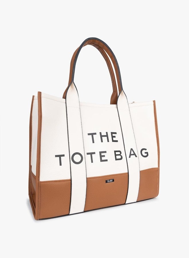 Kazo The Tote Bag- Large | Premium Textured Faux Leather Handbag with Metallic Accents | Sophisticated Structured Tote Bag | Classic Tan - Image 3