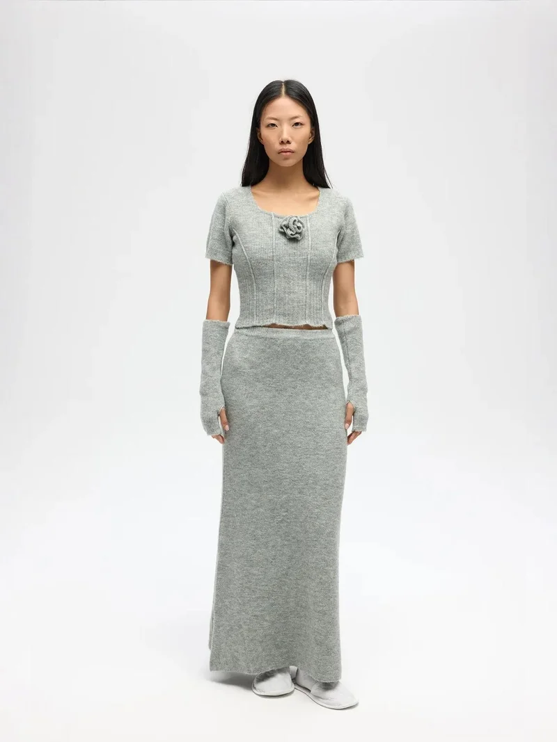Mai Collection MAI Ribbed Knit Two-Piece Set with High-Waist Skirt